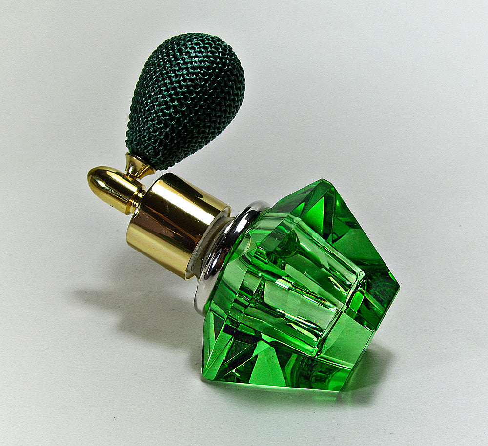 Genuine Lead Hand Made Crystal Perfume Bottle In Green Coloured With Green Bulb Spray Mounting.