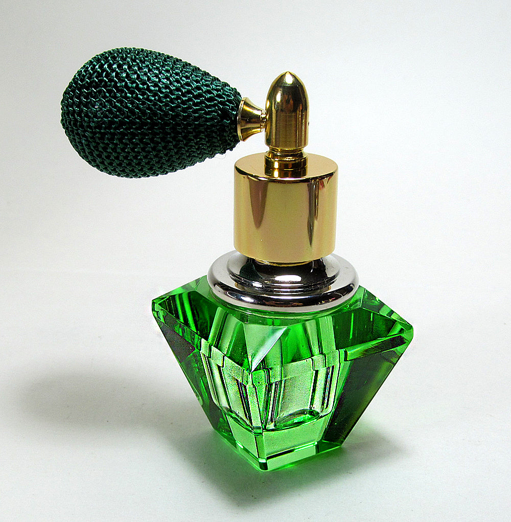Genuine Lead Hand Made Crystal Perfume Bottle In Green Coloured With Green Bulb Spray Mounting.