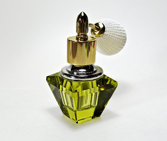 Hand Made Crystal Perfume Bottle In Yellow Oliver Coloured With White Bulb Spray Mounting.