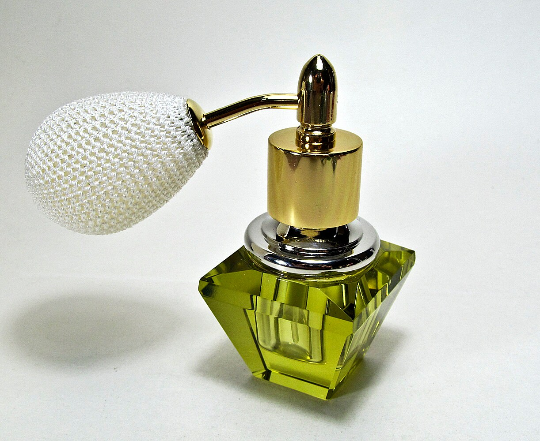 Hand Made Crystal Perfume Bottle In Yellow Oliver Coloured With White Bulb Spray Mounting.