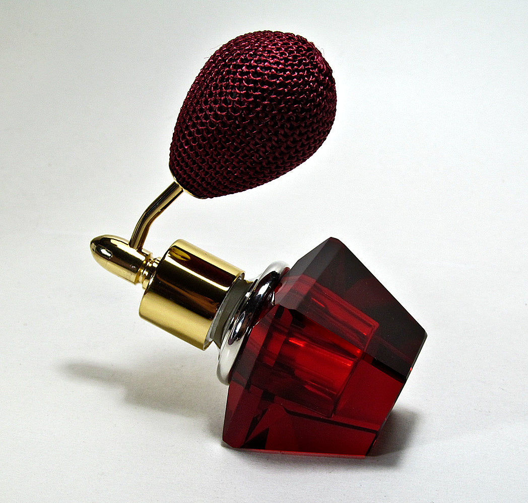 Genuine Lead Hand Made Crystal Perfume Bottle In Burgundy Coloured With Wine Bulb Spray Mounting.