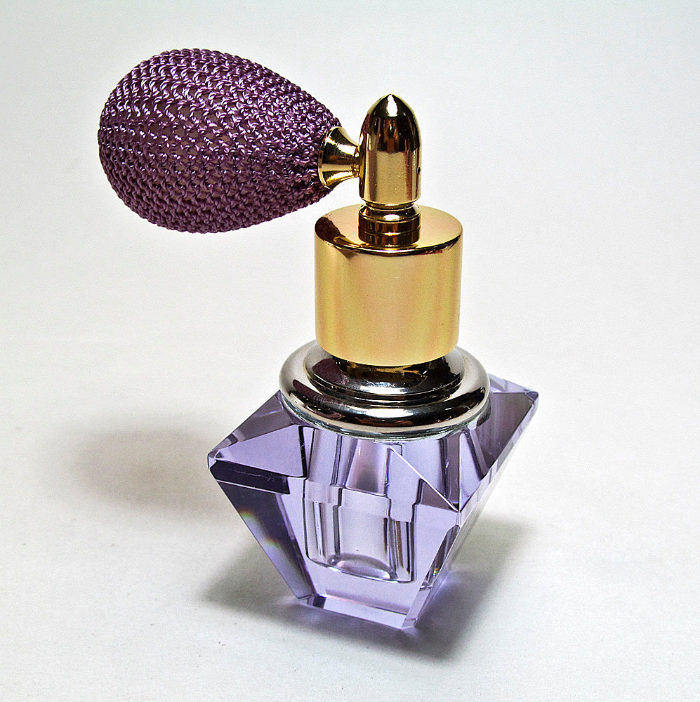 Genuine Lead Crystal Perfume Bottle In Purple Coloured With Lavender Bulb Spray Mounting.