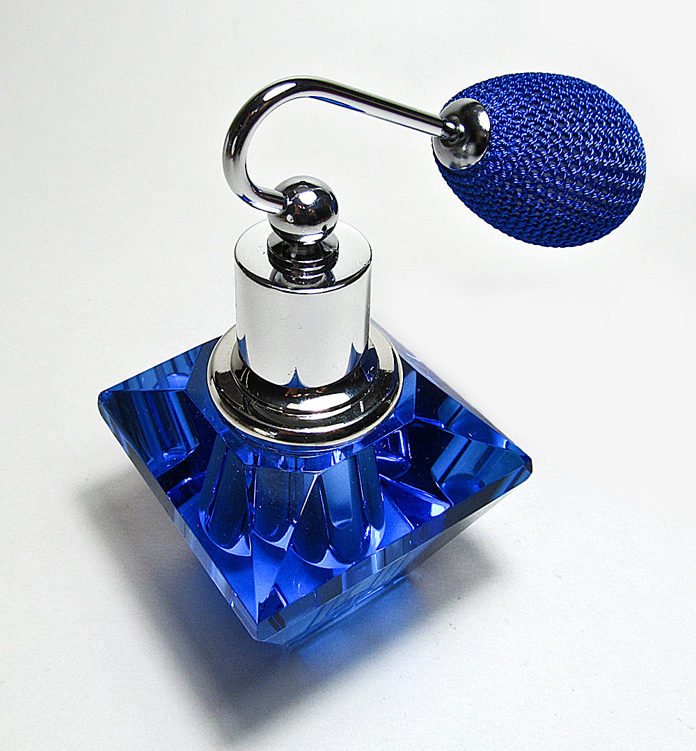 Genuine Lead Hand Made Crystal Perfume Bottle In Blue Coloured With Blue Bulb Spray Mounting.