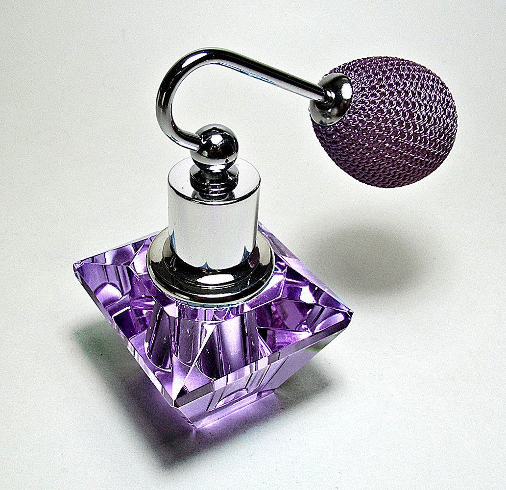 Genuine Lead Hand Made Crystal Perfume Bottle In Purple (Lavender) Coloured With Purple Bulb Spray Mounting.