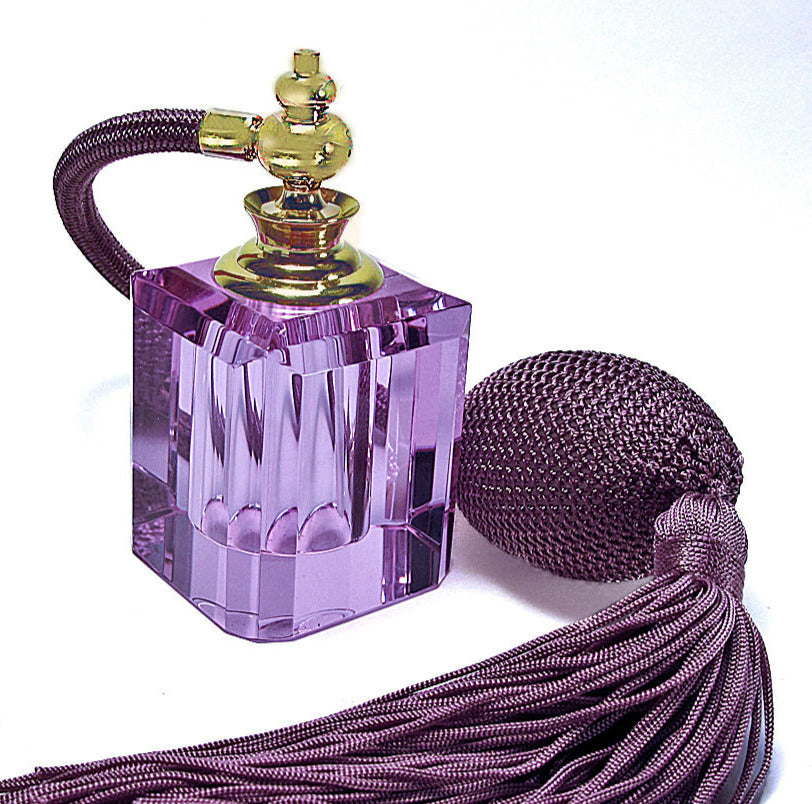 Purple Crystal Perfume Bottle With Lavender Bulb And Tassel Spray Mounting.