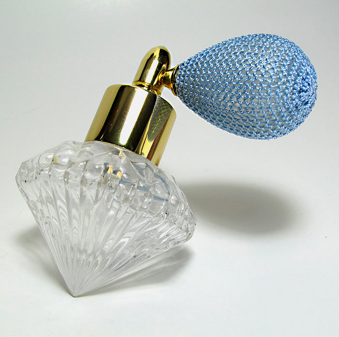 Fancy Shape Glass Perfume Bottle With Sky (Light) blue Bulb Spray Attachment.