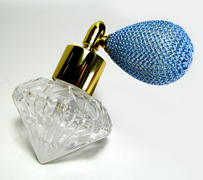 Fancy Shape Glass Perfume Bottle With Sky (Light) blue Bulb Spray Attachment.