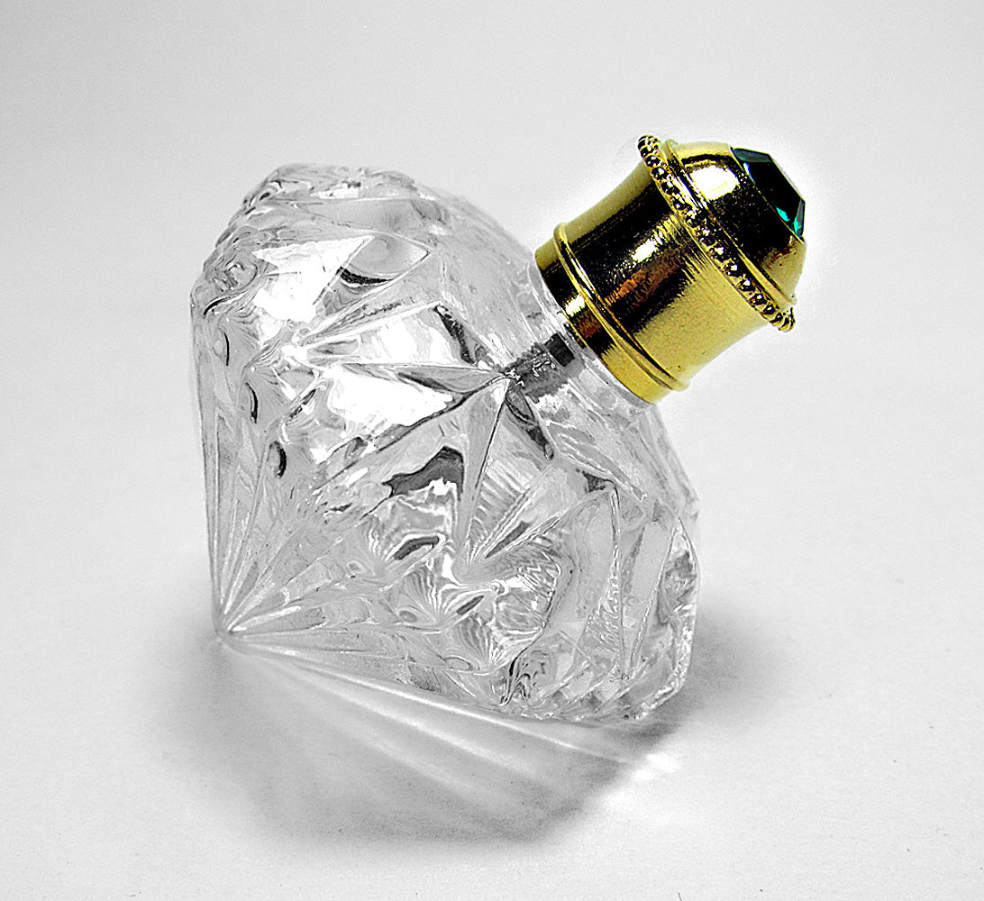 Fancy Diamond Shape Glass Perfume Bottle With Emerald Colour Rhinestone Cap and Rod.