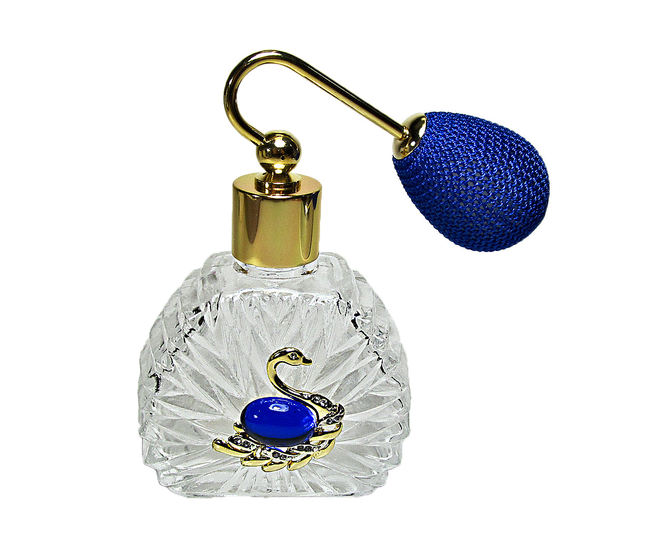Crystal perfume bottle with gold accents and blue gemstone on a white background