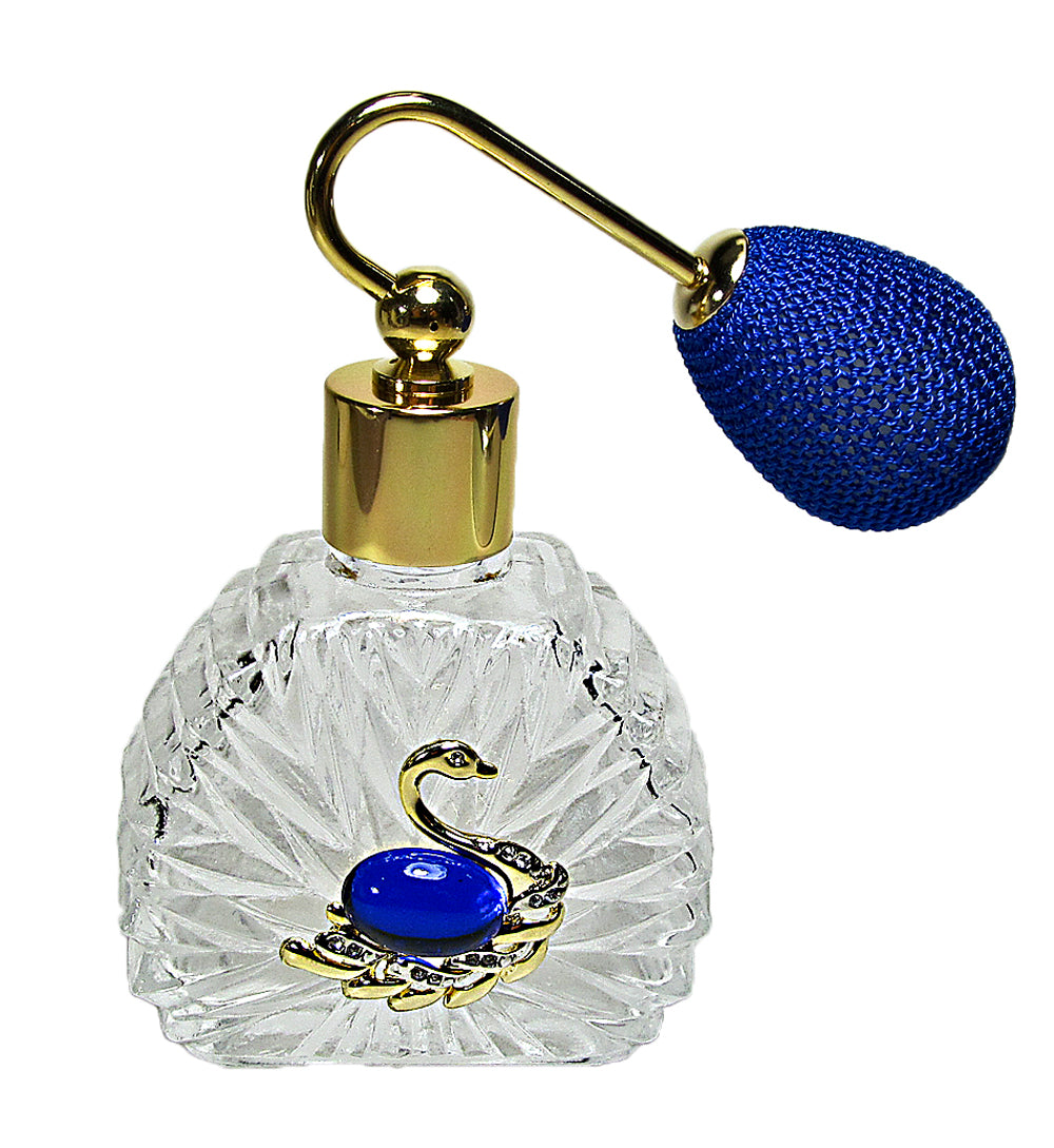 Unique vintage perfume spray bottle with blue bulb spray attachment.