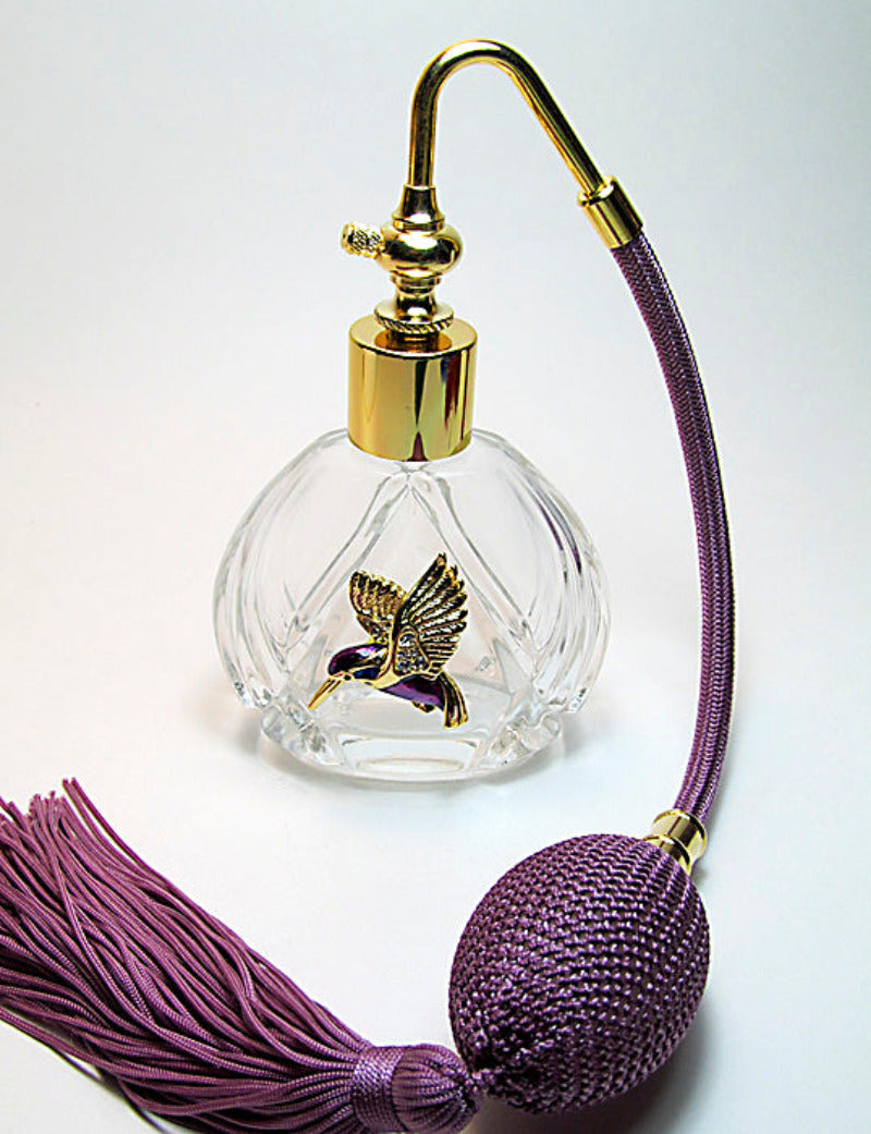 Unique Perfume Atomizer Bottle With Purple Bulb And Tassel Spray Attachment.
