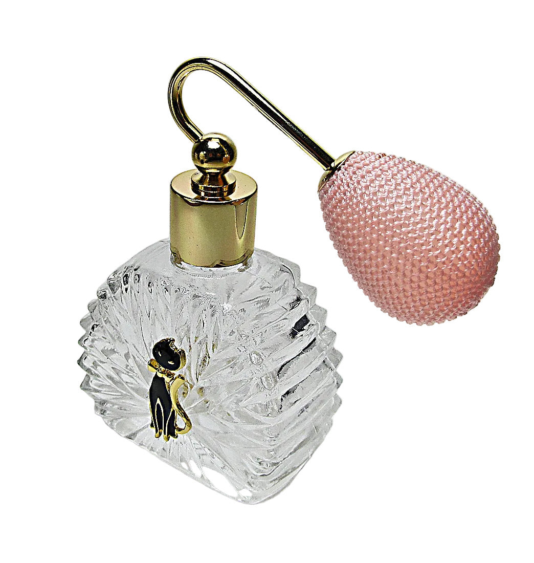 Unique refillable glass perfume spray bottle with Pink Bulb spray attachment.